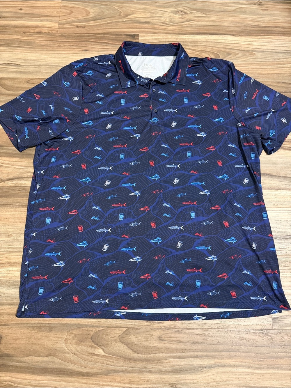 Huk Men’s XXXL Pursuit Performance Polo S/S Navy Fish Print Fishing